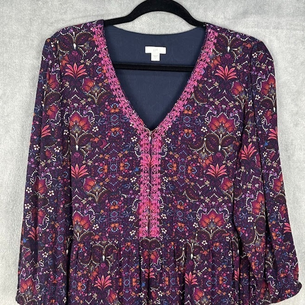 J Jill Dress Womens Large Purple Floral Embroidered Preppy Modest Peasant V Neck - Picture 3 of 14